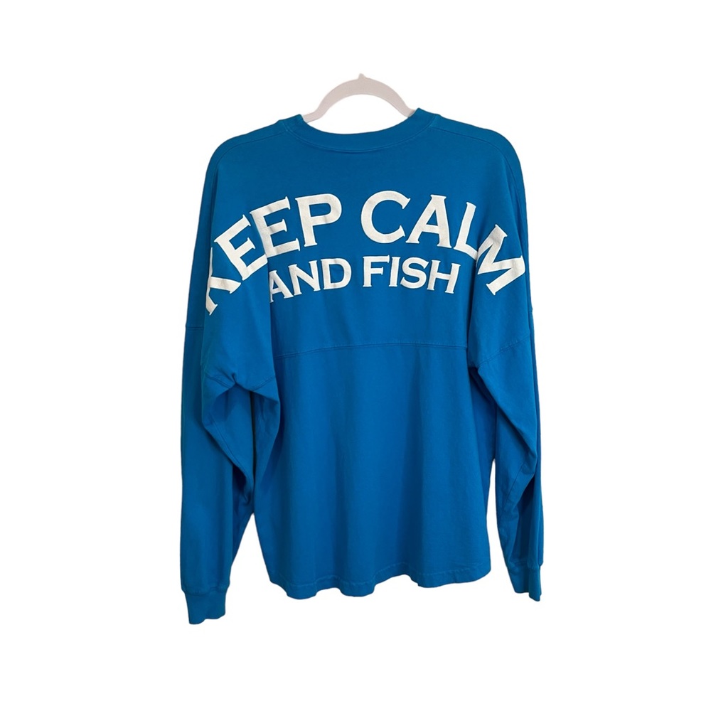 Above Wings Keep Calm and Fish Long Sleeve Graphic Shirt Teal Blue Mens Size M